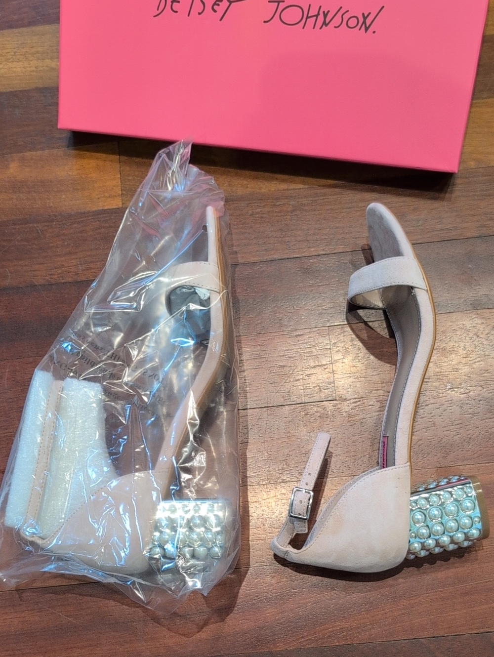Betsey Johnson Blush Pink Pearl-Embellished Block Heel Sandals - Picture 3 of 4